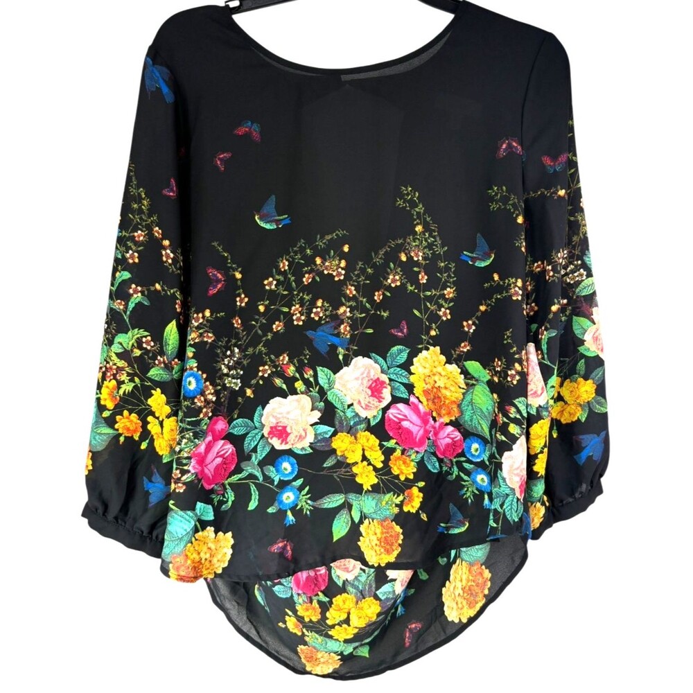 Meraki Black Floral Drape Back Top Blouse Bright Dramatic Chic Elegant Party L